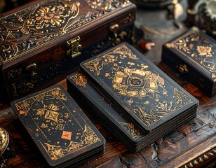 Ornate black playing cards and wooden boxes