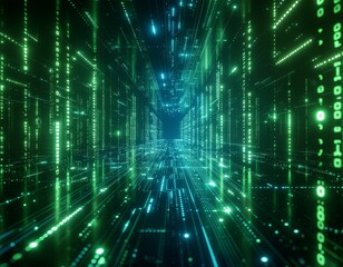 Abstrakcyjny, cybernetyczny, wirtualny świat przedstawiający zielone świetlne linie. Wirtualna rzeczywistość, cyfrowy świat