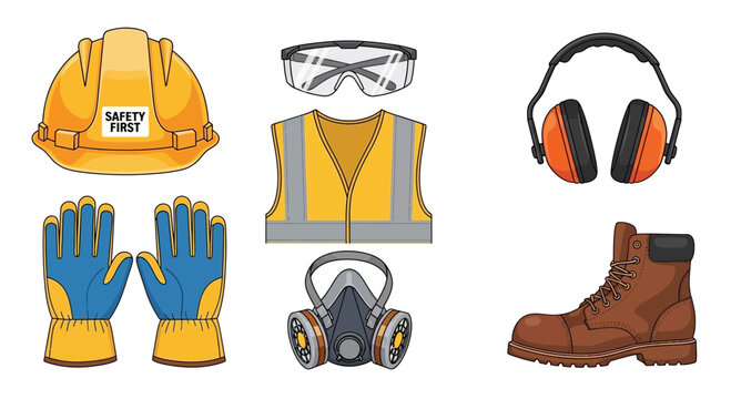 Illustration of construction safety equipment including hard hat gloves vest and boots. - Powered by Adobe
