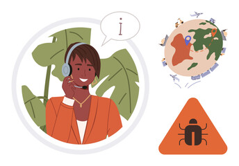 Customer service agent with headset assisting, global map symbolizing international communication, warning sign with bug for troubleshooting. Ideal for support, customer care, IT solutions, teamwork