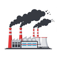 Obraz premium Factory air pollution with smoke from chimneys. Industrial plant releasing toxic gas into atmosphere. Environmental damage concept. Flat vector illustration isolated on white background.