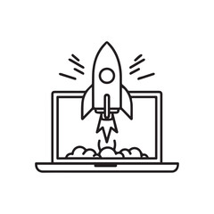 Obraz premium Black outline depicts a rocket launching from a laptop in white background