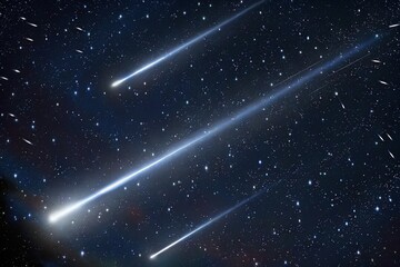 This AI-generated image is a striking close-up of a meteor shower. The dark night sky is filled with countless stars, serving as a backdrop for several bright, glowing meteor trails that cut diagonall