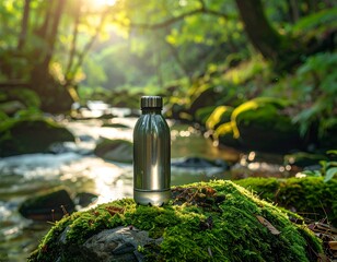A sustainable water bottle placed on moss-covered stone near a forest stream, soft lighting, eco aesthetic