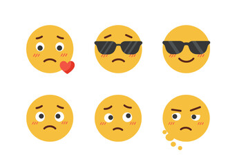 Collection of Six Expressive Yellow Emoji Faces with Diverse Emotions