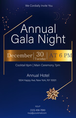 Annual Gala Night poster vector design with dark blue  background and gold theme, luxury event promotional template