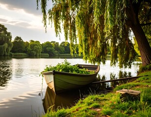 Tranquil lake scene with a small boat beneath willow trees