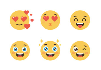 A collection of six cute yellow emoticons expressing love, joy, and happiness.