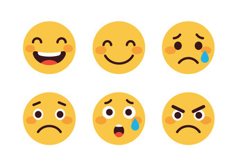 Fototapeta premium Collection of six diverse yellow emoji faces expressing various emotions