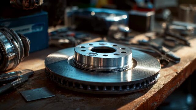 Medium shot of a drum brake assembly laid out on a workbench clean drum component in sharp focus while surrounding parts fade softly.