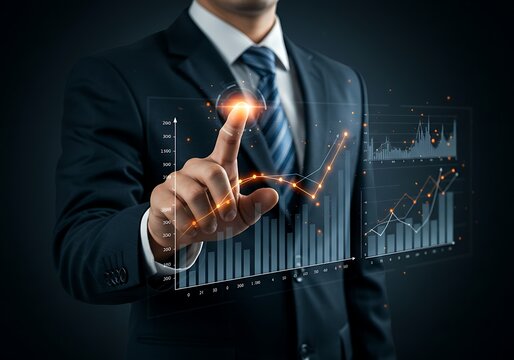 Businessman interacting with futuristic financial data visualization