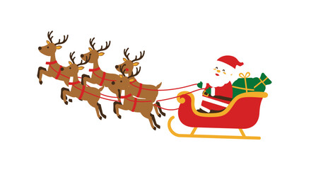 Cartoon Santa Claus with a sack of presents flying in a sleigh pulled by four brown reindeer against a white background.