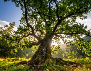 Obraz premium Majestic oak tree bathed in sunlight. Lush foliage and gnarled trunk
