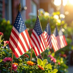 American flags waving in a flower bed at sunset