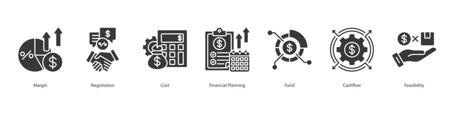 Cost Optimization Framework glyph banner web icon set vector illustration concept with icon of margin, negotiation, cost, financial planning, fund, cashflow, feasibility