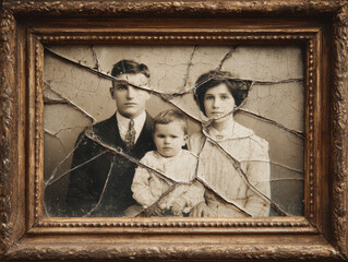 Vintage family portrait with cracked glass frame displaying a couple and their child in a nostalgic, sepia-toned photograph capturing memories from the past.