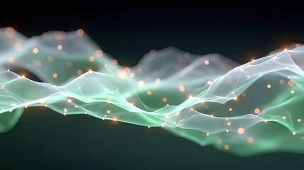 Abstract Digital Network with Glowing Green and White Mesh and Golden Particles on Dark Background Technology Theme