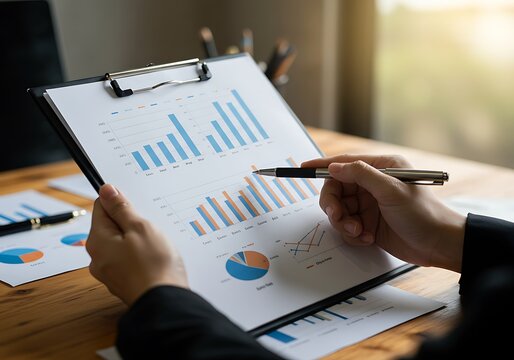 Business professional analyzing financial charts and graphs on a clipboard