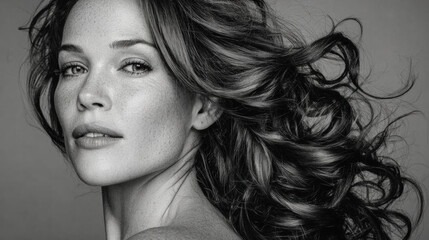 Monochrome portrait of a pensive woman with flowing hair and soft lighting, capturing intimate mood, elegance, and quiet confidence, ideal for beauty and editorial use.