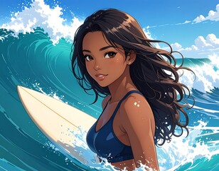 A young woman surfs a wave