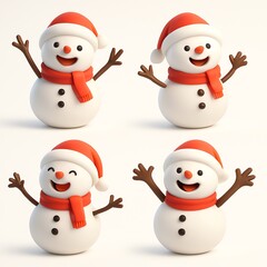 A set of four Christmas snowmen, different poses and expressions, isolated on a white background