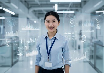 Young professional woman in a modern office with data visualizations