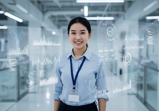 Young professional woman in a modern office with data visualizations - Powered by Adobe