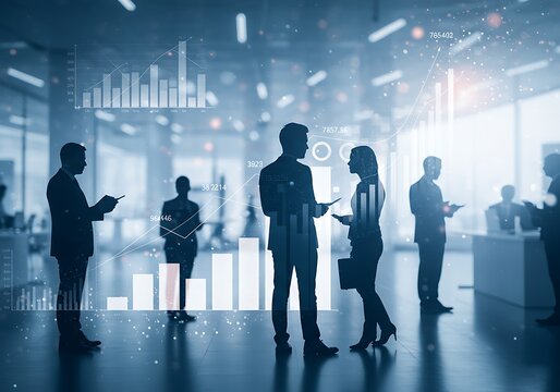 Silhouetted business people interacting with futuristic digital data visualizations