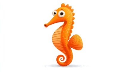Fototapeta premium Cartoon Orange Seahorse Character with Big Eyes on White Background for Children's Toys or Educational Content