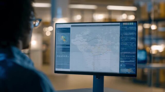 Medium shot of a data analyst using AI software to predict stock demand with sharp focus on the screen while the background office is blurred emphasizing technology and precision.