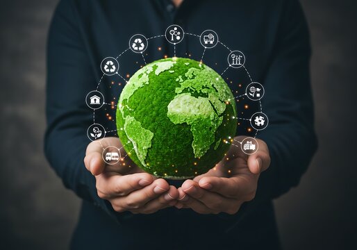 Hands holding a digital globe with connected global icons