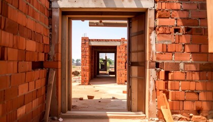 Interior view of a brick building under construction