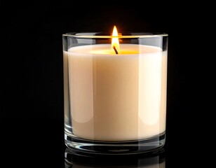 Single candle in glass container, against black background