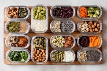 Brandless food portions in metal boxes, nut-free and dairy-free prep on a neutral surface.