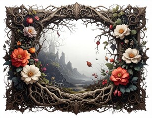 Ornate frame with a mystical landscape