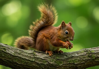 Obraz premium Red Squirrel Eating Nut on Mossy Branch
