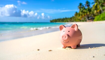 Pink piggy bank on a tropical beach
