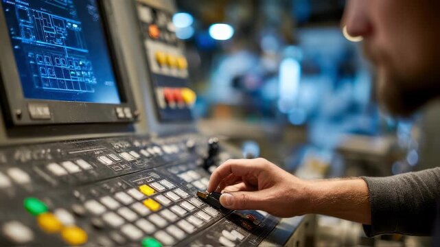 Focused view of a skilled operator adjusting settings on an injection molding control panel with the plastic mold and equipment subtly out of focus behind.