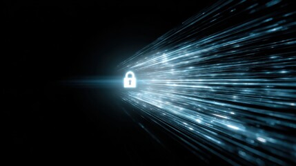 Secure data passage visual—lock silhouette amid luminous lines and motion.