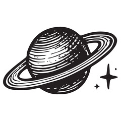 Hand-Drawn Saturn Planet with Rings, Cosmic Astrology Symbol, Vintage Space Science Illustration