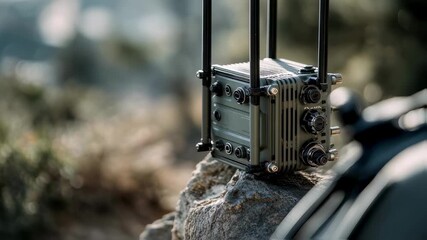 Medium shot of a compact portable satellite system with sharp focus blurred natural background emphasizing sleek design and ease of remote communication setup.