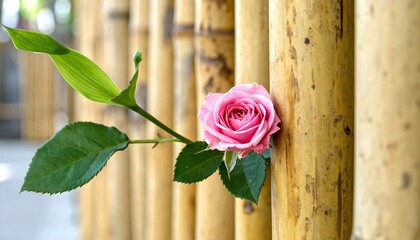 Single pink rose nestled between bamboo poles