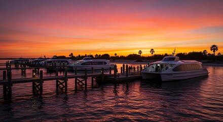 Fototapeta premium Boats at Dock Sunset.