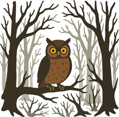 Owl sitting on tree branch in spooky forest  vector ilustration isolatated on transparent background