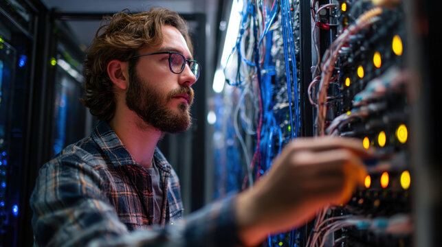 Technician adjusting server equipment in a data center with glowing lights, focused expression, wearing glasses and a plaid shirt, digital technology environment and cables.