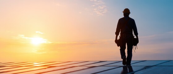 Minimal renewable-energy setup on a roof, soft golden hour behind the installer.