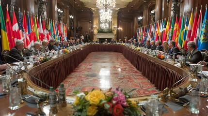 Global leaders gather for climate change summit with flags representing various nations in a formal setting