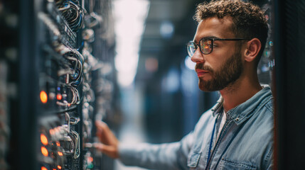 Focused technician examining server rack with illuminated indicators in a high-tech data center environment during evening hours for optimal system performance.