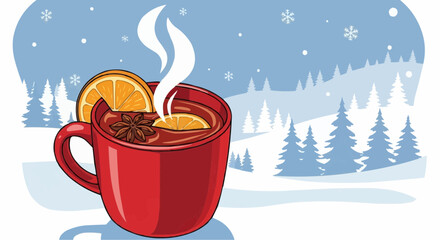 Christmas  winter mulled wine recipe christmas drink with orange and spices in red mug on snowy background christmas time vector