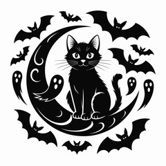 Black cat on crescent moon with bats and ghosts for Halloween